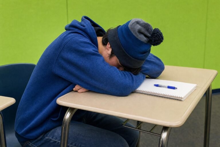 A tired teenager in a blue hoodie and hat asleep with head down on a classroom desk beside a notebook, bright green wall behind