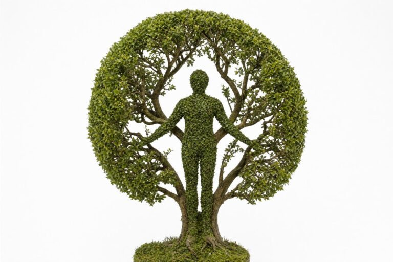 A topiary sculpture of a human figure made of green leaves standing inside a round tree with spreading branches, white background, soft studio light