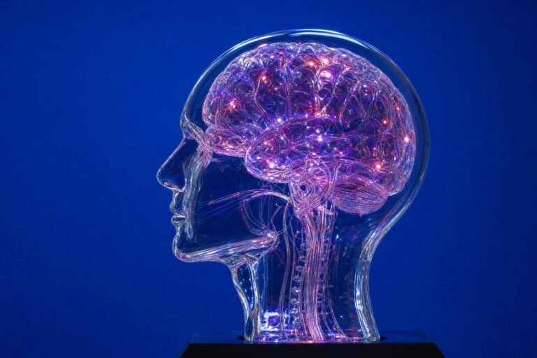 A translucent glass model of a human head in profile with a brain inside lit by glowing pink and purple points of light, deep blue studio background