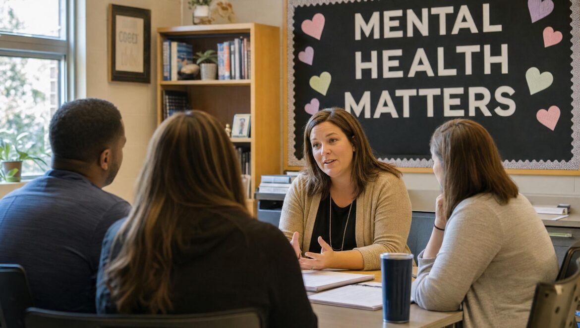 A warm classroom corner with a bulletin board reading MENTAL HEALTH MATTERS a teacher sitting and talking kindly with a small group of adults at a table soft | edCircuit A warm classroom corner with a bulletin board reading MENTAL HEALTH MATTERS a teacher sitting and talking kindly with a small group of adults at a table soft
