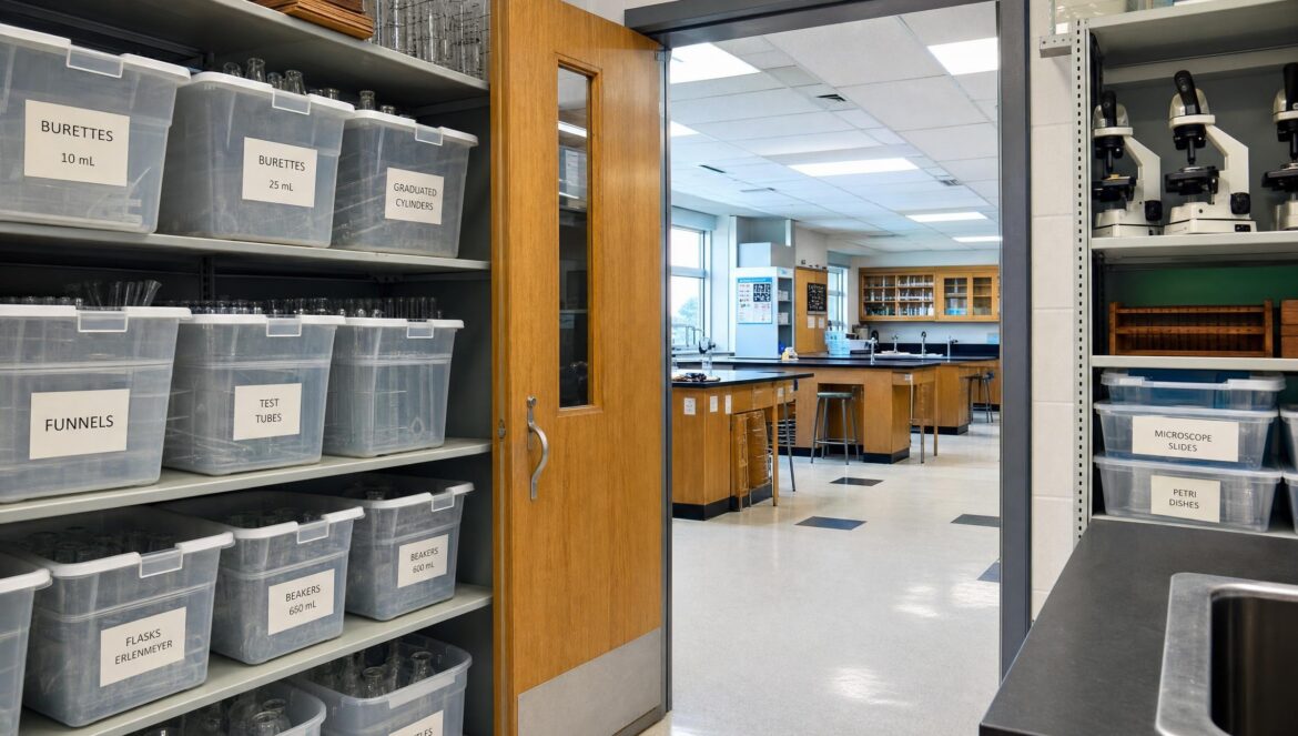 A well organized school science supply room with labeled plastic bins glassware and microscopes on metal shelves lab benches visible through a doorway bright | edCircuit A well organized school science supply room with labeled plastic bins glassware and microscopes on metal shelves lab benches visible through a doorway bright