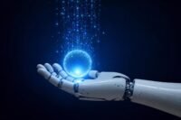 A white robotic hand holding a glowing blue sphere of light with digital particles rising from it dark blue background
