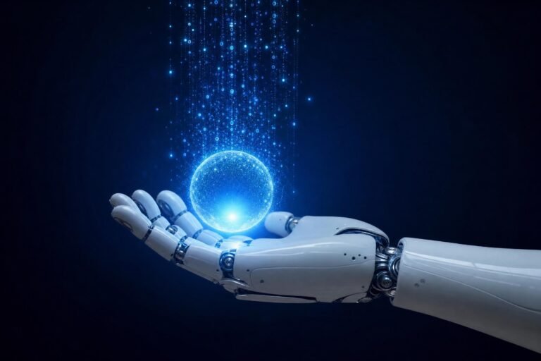 A white robotic hand holding a glowing blue sphere of light with digital particles rising from it dark blue background