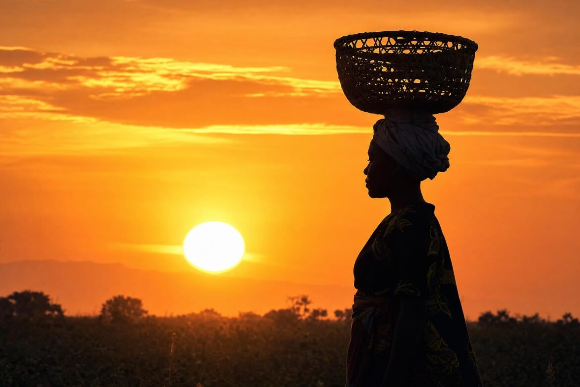 A woman in silhouette balancing a woven basket on her head against a huge glowing orange sunset sky, warm golden light