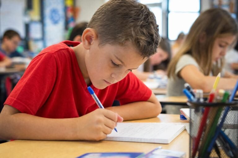 A young boy in a red shirt leaning over a desk writing carefully with a pen on paper in a bright classroom, other students blurred in the background
