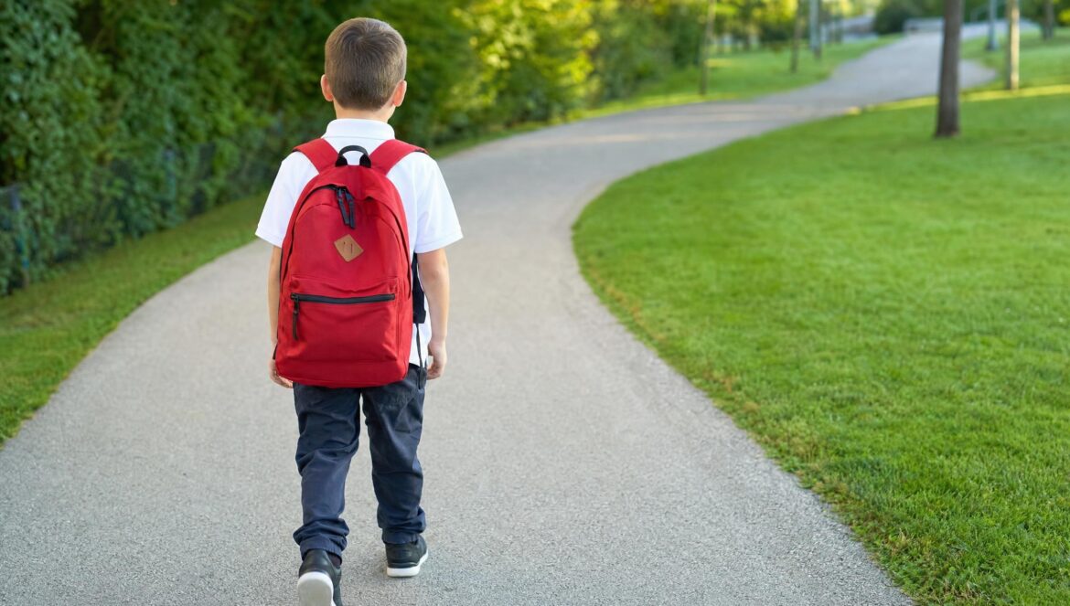 A young boy seen from behind wearing a red backpack walking along a curving paved path beside green grass morning daylight | edCircuit A young boy seen from behind wearing a red backpack walking along a curving paved path beside green grass morning daylight