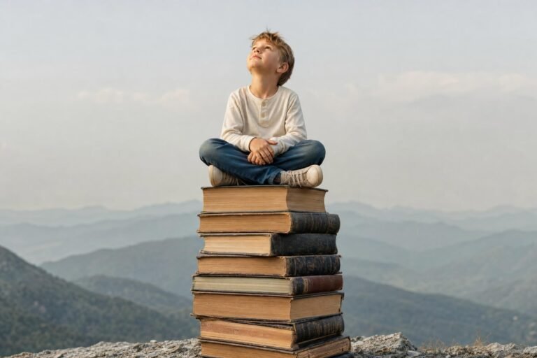 A young boy sitting cross-legged on top of a tall stack of old hardcover books, gazing upward, misty mountains and soft hazy sky behind him
