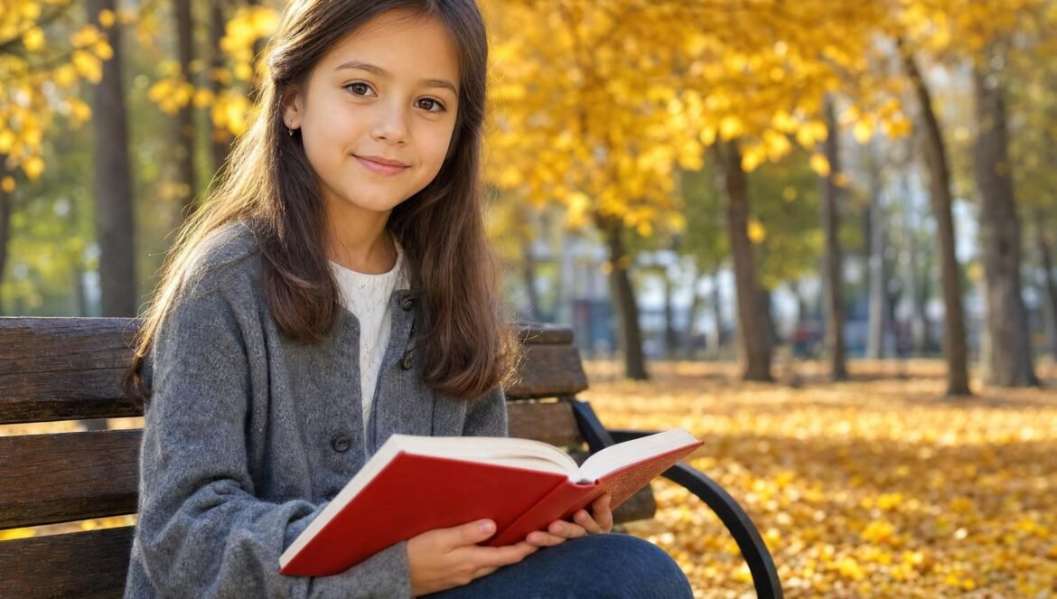A young girl in a grey cardigan sitting outdoors in an autumn park with a red book open on her lap golden yellow leaves blurred behind her warm daylight | edCircuit A young girl in a grey cardigan sitting outdoors in an autumn park with a red book open on her lap golden yellow leaves blurred behind her warm daylight