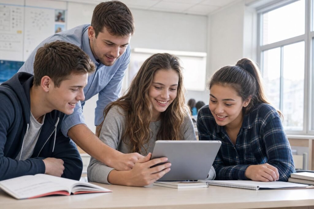 A young male tutor leaning over three smiling teenage students looking at a tablet together at a table in a bright classroom