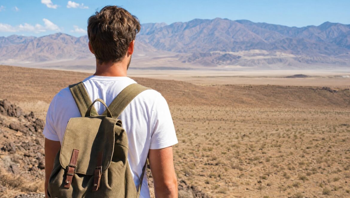 A young man seen from behind wearing a white tshirt and an olive canvas backpack looking out across a dry desert valley toward distant mountains bright dayli | edCircuit A young man seen from behind wearing a white t shirt and an olive canvas backpack looking out across a dry desert valley toward distant mountains bright dayli
