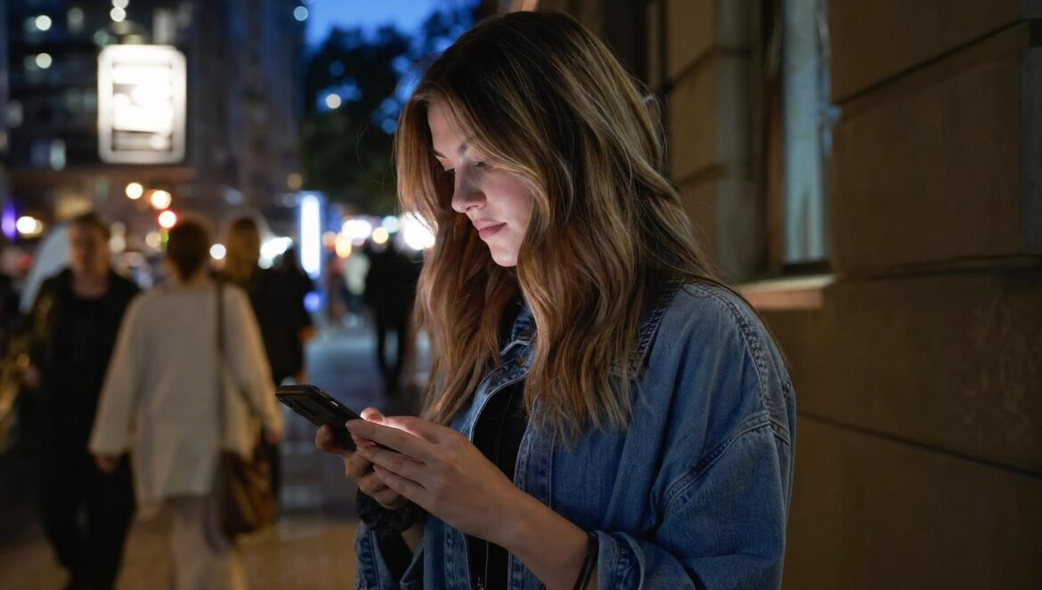 A young woman in a denim jacket standing on a dim city street at dusk looking down at her glowing phone its light on her face blurred passersby behind
