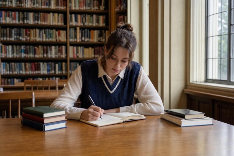 A young woman in a sweater vest writing in a notebook at a wooden library table, bookshelves behind her, soft daylight from tall windows