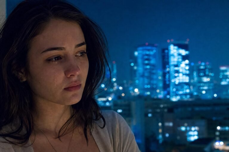 A young woman with a tear on her cheek looking away sadly, city skyscraper lights glowing blue behind her at night