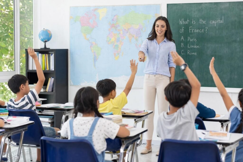 An elementary classroom where children raise their hands as a teacher stands beside a chalkboard and a world map bright daylight | edCircuit An elementary classroom where children raise their hands as a teacher stands beside a chalkboard and a world map bright daylight