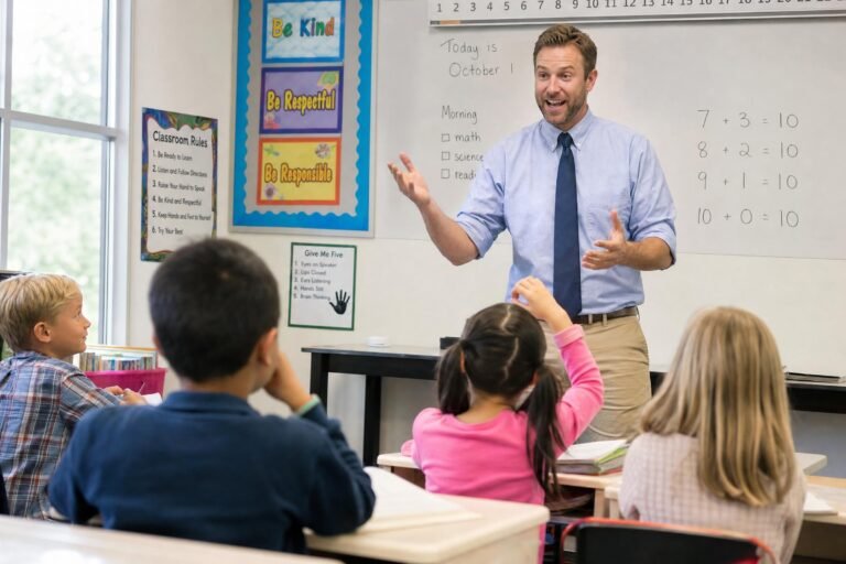 An energetic male teacher in shirt and tie gesturing toward young students seated at desks in a bright elementary classroom with posters and a whiteboard