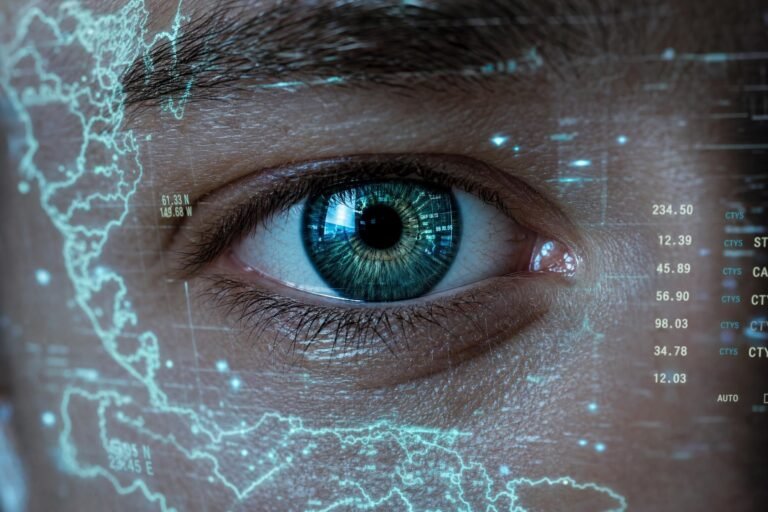 An extreme close-up of a human eye with a blue-green iris, faint glowing digital map lines and data readouts reflected across the skin and iris, crisp soft ligh
