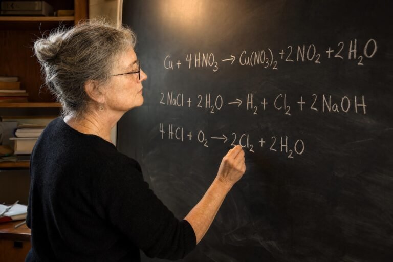 An older female teacher with glasses writing chemistry equations in chalk on a large blackboard, warm amber classroom light