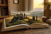 An open book on a table with a miniature landscape of rolling golden hills cypress trees and a farmhouse rising from its pages warm sunset light