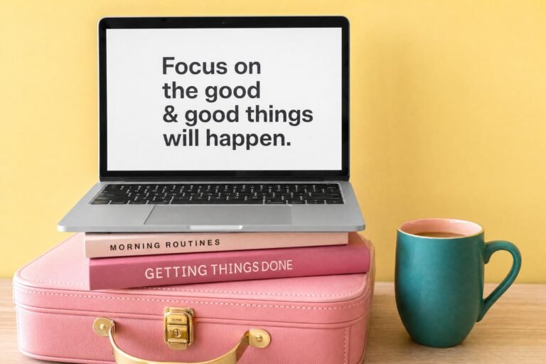 An open laptop sitting on a stack of pink books on a pink briefcase beside a teal coffee mug, against a pale yellow wall, bright cheerful light