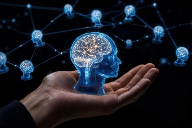 An open palm holding a glowing translucent blue model of a human head with a lit brain inside, surrounded by faint glowing heads linked by light threads against
