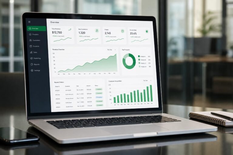 An open silver laptop on a glossy dark desk displaying a colorful analytics dashboard with green charts, blurred office background