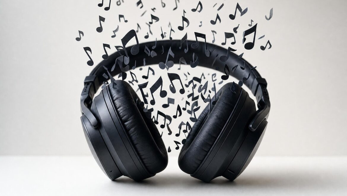 Black over ear headphones resting on a white table with small dark paper music notes bursting upward out of the ear cups soft studio light