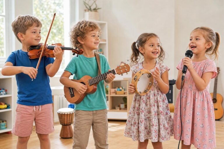 Four cheerful young children playing a violin, ukulele, tambourine and singing together in a bright music room, warm daylight