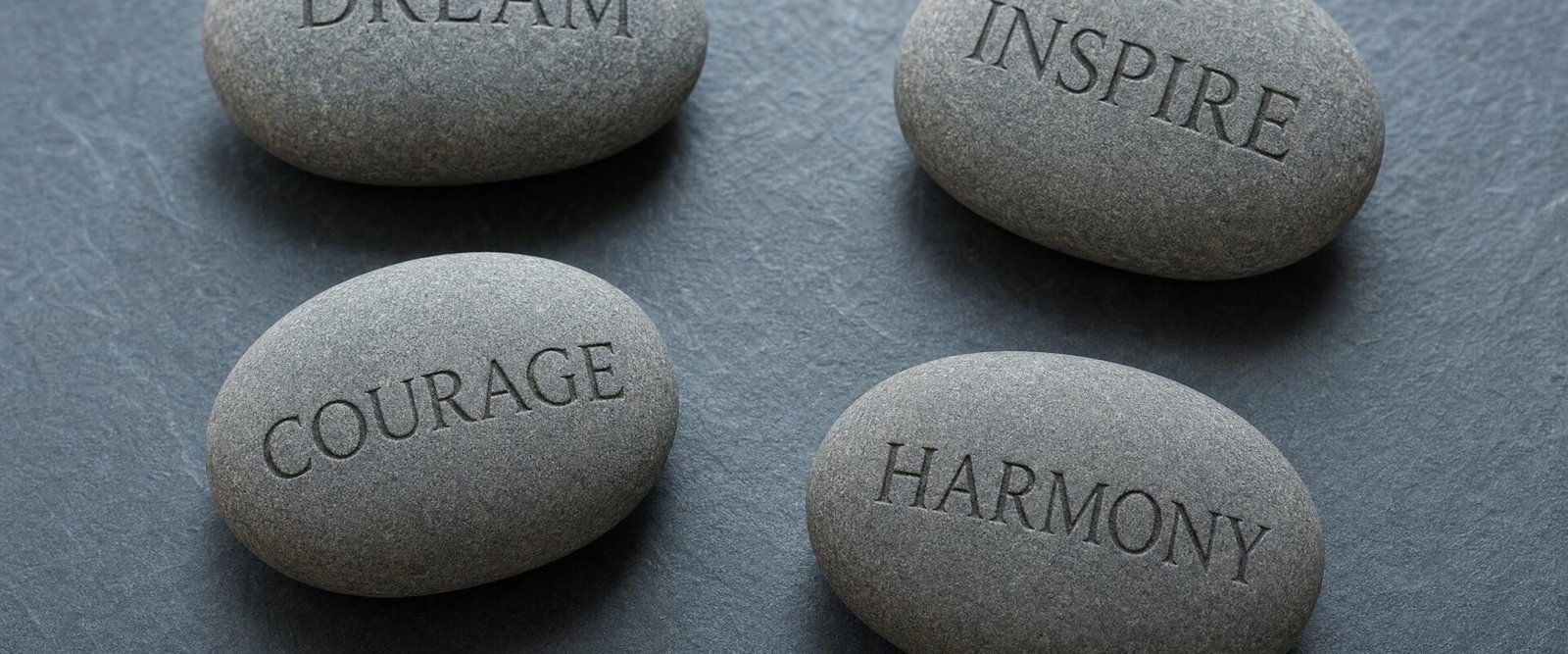 Four smooth grey river stones on slate each engraved with one word DREAM INSPIRE COURAGE HARMONY soft natural window light from the side