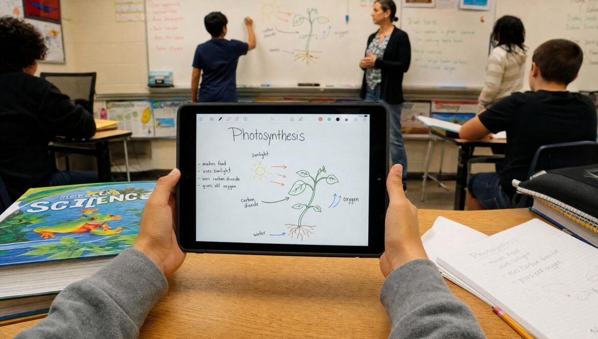 From a students point of view holding a tablet over a desk with textbooks in a bright primary classroom a teacher and classmates at the whiteboard in the back