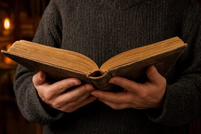 Hands holding an old open book with yellowed pages close to the chest of a person in a dark knit sweater, warm dim background with soft bokeh