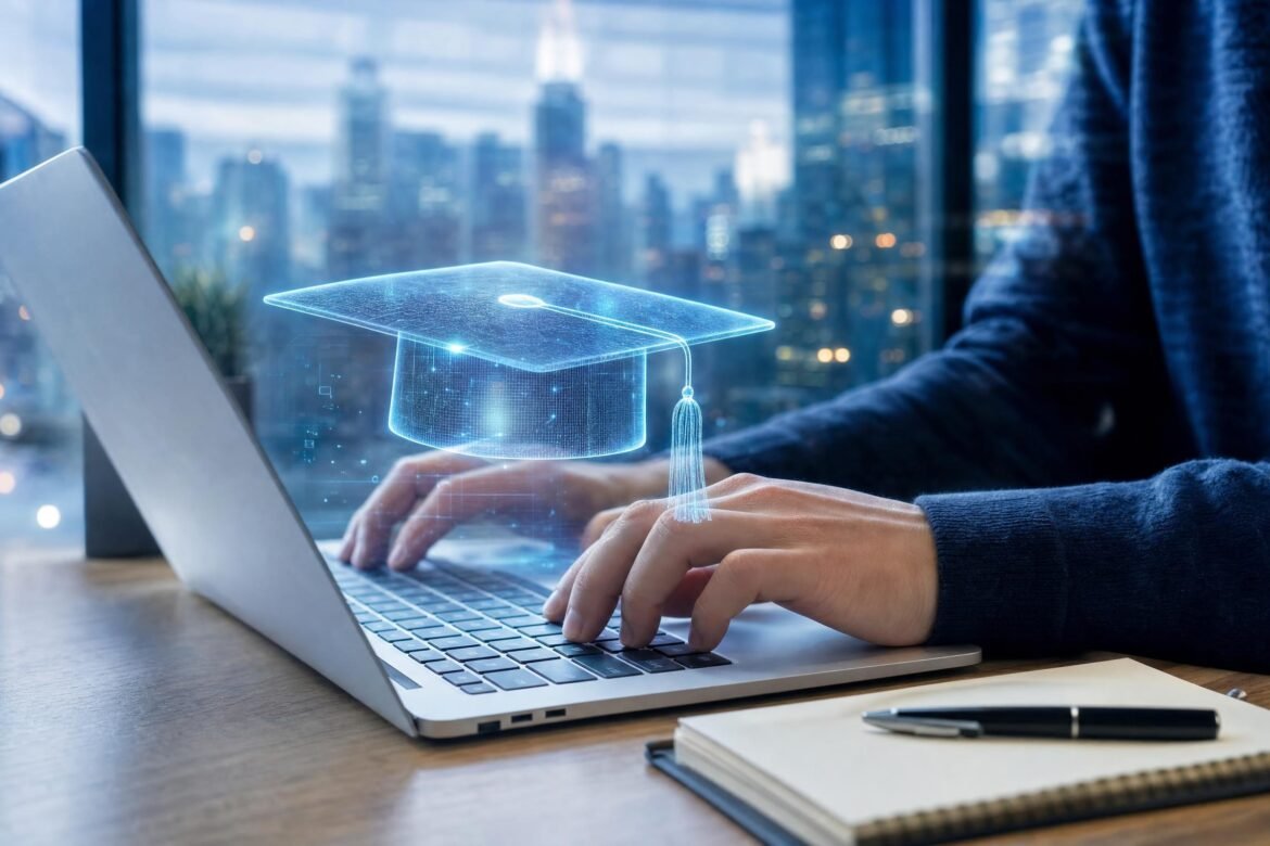 Hands typing on a laptop at a desk with a translucent glowing graduation cap hologram floating above the keyboard and a city skyline softly reflected behind, co