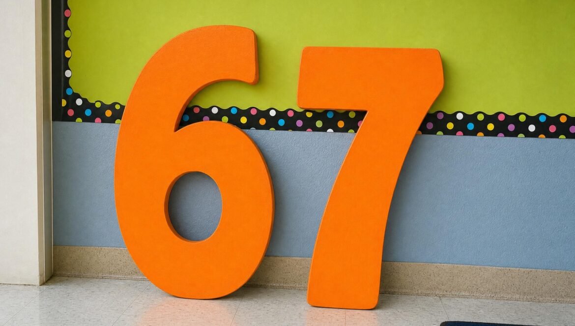 Large bright orange painted wooden numerals 67 propped against a colorful classroom wall cheerful daylight | edCircuit Large bright orange painted wooden numerals 67 propped against a colorful classroom wall cheerful daylight