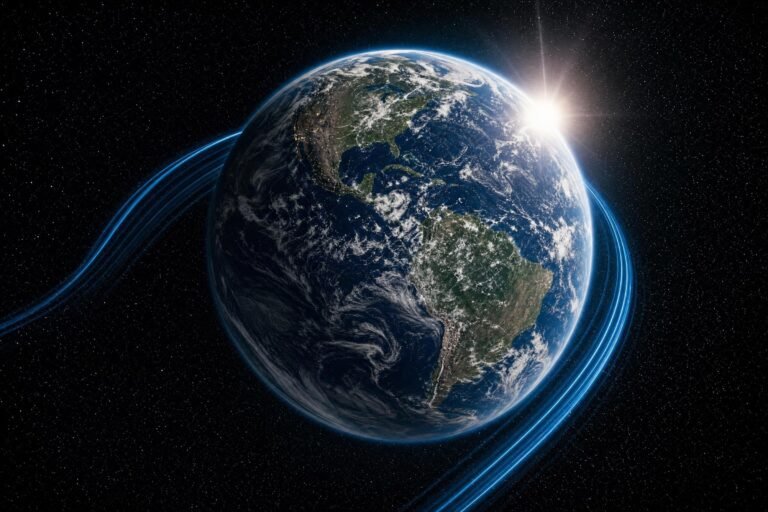 Planet Earth seen from space with bright blue light streaks sweeping around it and a glowing sun flare at the edge, black starry background