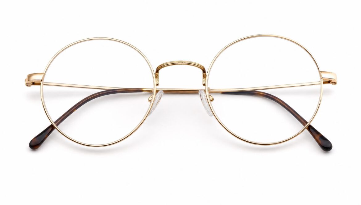 Round goldframed eyeglasses on a plain white background soft studio light | edCircuit Round gold framed eyeglasses on a plain white background soft studio light