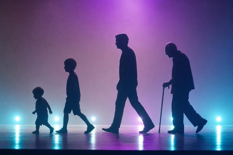 Silhouettes of a baby, a child, an adult and an elderly person walking in a line across a glowing purple and blue lit stage, soft haze