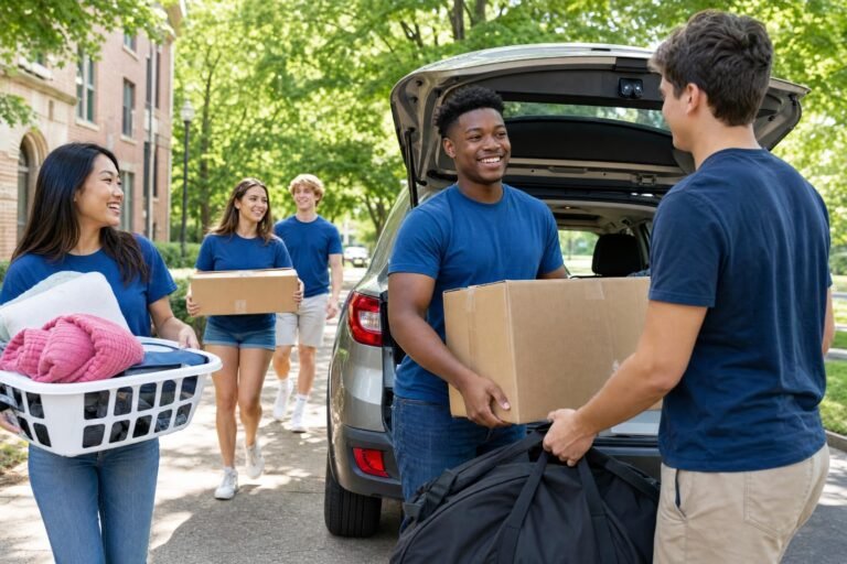 Smiling college volunteers in matching blue T-shirts helping a new student carry bags and boxes from an open car trunk on a leafy campus, summer daylight