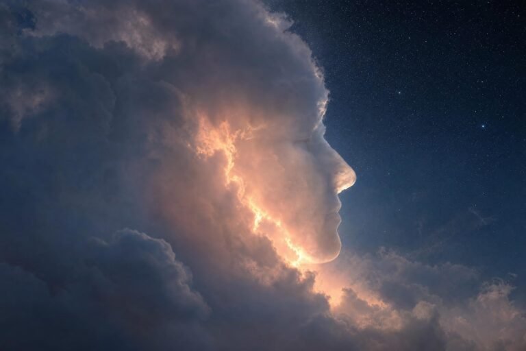 Soft white clouds shaped like a human face in profile, glowing pink and gold light breaking through between them against a deep blue starry sky