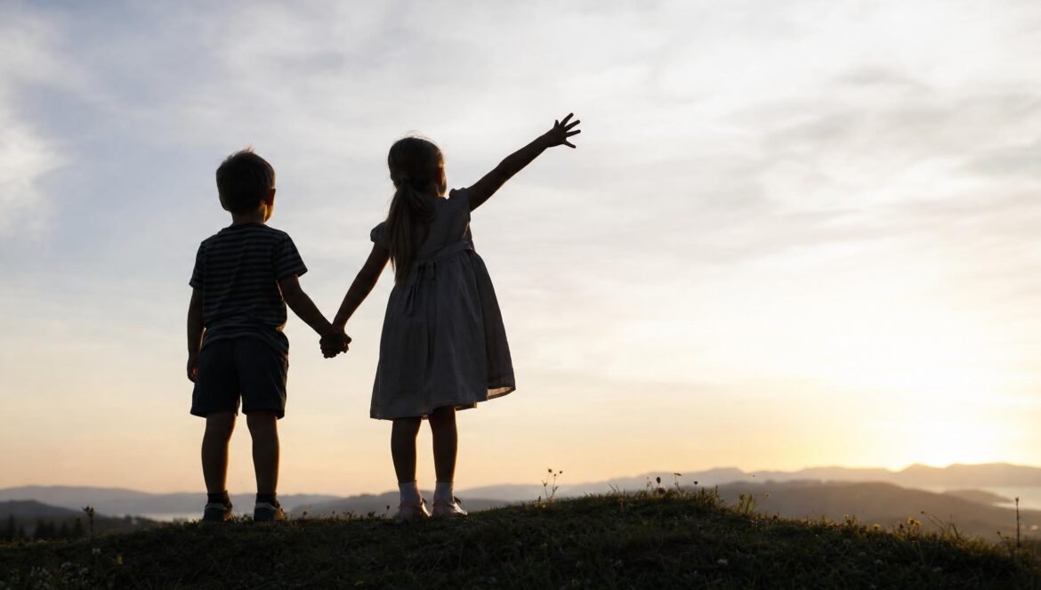 The silhouettes of a boy and a girl holding hands on a hilltop the girl stretching her other arm toward a bright pale sky backlit by the sun