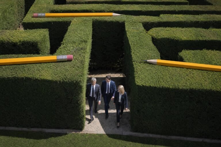 Three businesspeople in suits walking out of a large hedge maze on a bright day, seen from above, giant pencils with erasers resting on the maze edge