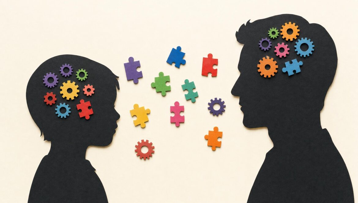 Two black paper silhouettes of a child and an adult facing each other on a cream background colorful puzzle pieces and paper gears scattered between and inside | edCircuit Two black paper silhouettes of a child and an adult facing each other on a cream background colorful puzzle pieces and paper gears scattered between and inside