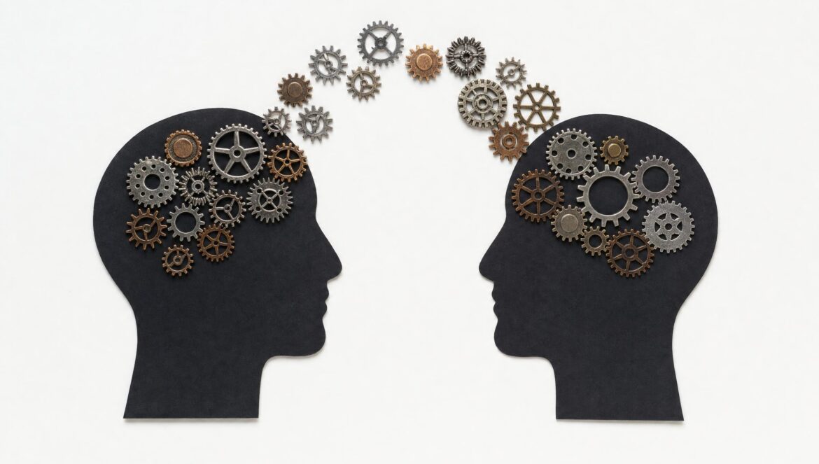 Two black paper silhouettes of human heads facing each other on a white background with small metal gears placed inside each head and arching between them eve | edCircuit Two black paper silhouettes of human heads facing each other on a white background with small metal gears placed inside each head and arching between them eve