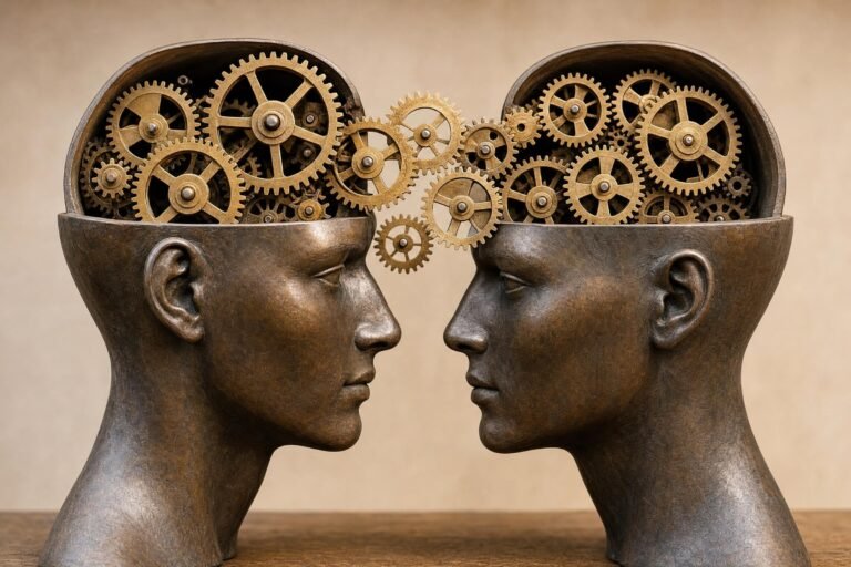 Two bronze sculpted human heads facing each other in profile, their open skulls filled with interlocking brass gears that mesh between them, warm sepia studio l