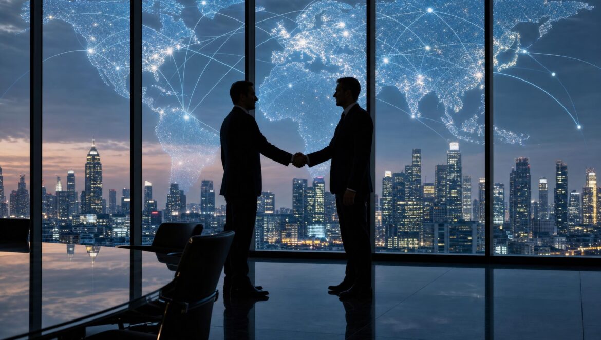 Two business people shaking hands in silhouette against a large window with a glowing world map and connected network lines projected across the glass cool bl | edCircuit Two business people shaking hands in silhouette against a large window with a glowing world map and connected network lines projected across the glass cool bl