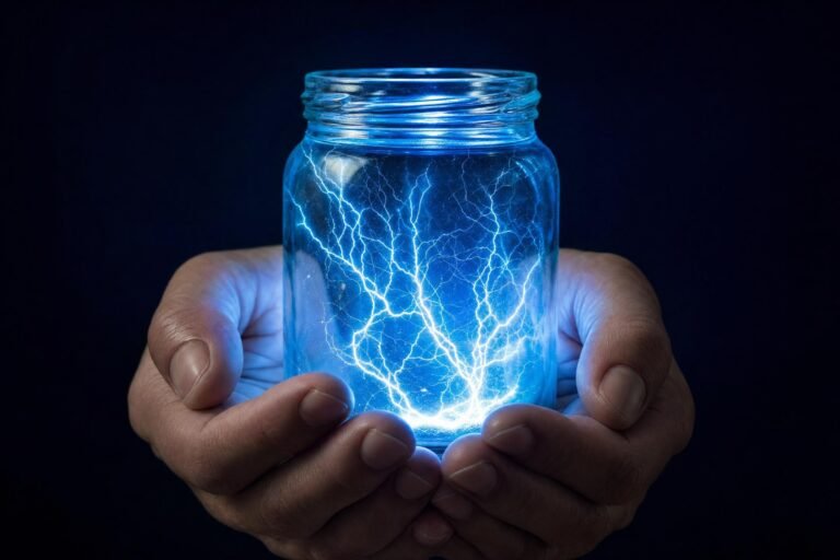Two hands cupped around a glass jar glowing with crackling blue electric light inside, dark navy background