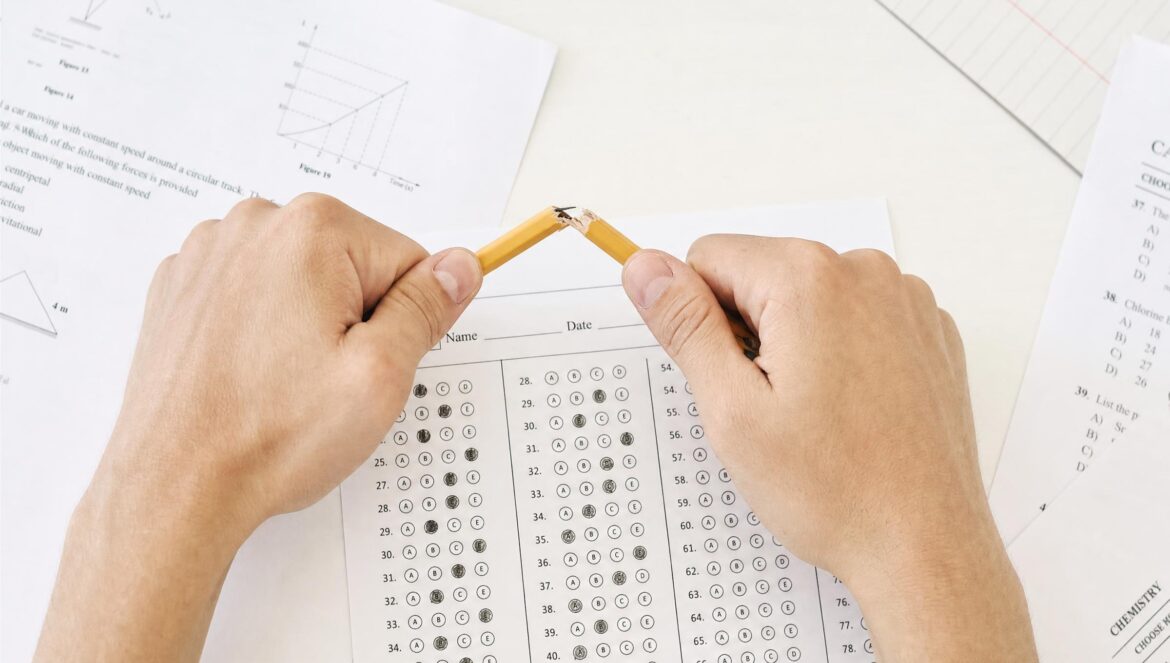 Two hands snapping a yellow pencil in half over a multiplechoice bubble answer sheet on a white desk scattered test papers around soft daylight | edCircuit Two hands snapping a yellow pencil in half over a multiple choice bubble answer sheet on a white desk scattered test papers around soft daylight