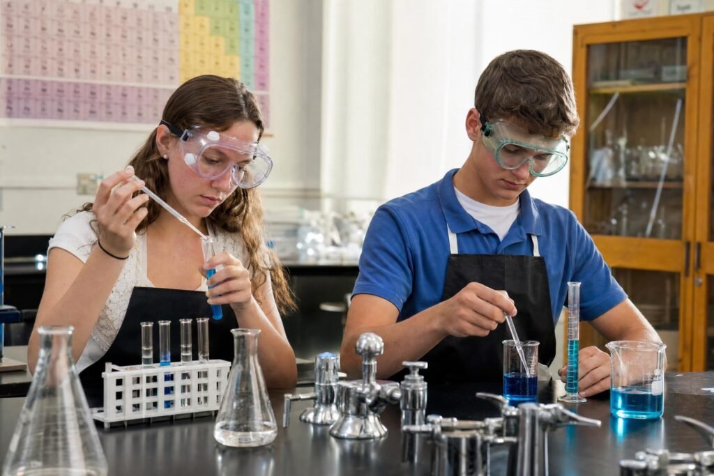 Two high school students wearing safety goggles and aprons measuring liquids into test tubes and beakers at a chemistry lab bench bright classroom light | edCircuit Two high school students wearing safety goggles and aprons measuring liquids into test tubes and beakers at a chemistry lab bench bright classroom light