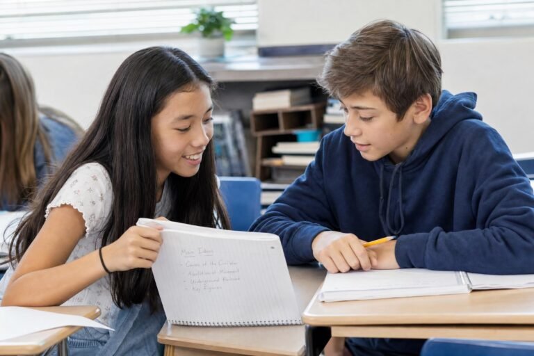 Two middle school students at classroom desks, a smiling girl leaning over to share her notes with a boy, bright daylight