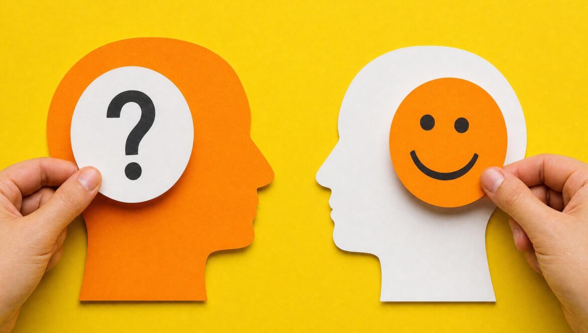 Two orange and white paper cutout head profiles facing each other on a yellow background one holding a question mark and the other a smiling face bright studi | edCircuit Two orange and white paper cutout head profiles facing each other on a yellow background one holding a question mark and the other a smiling face bright studi