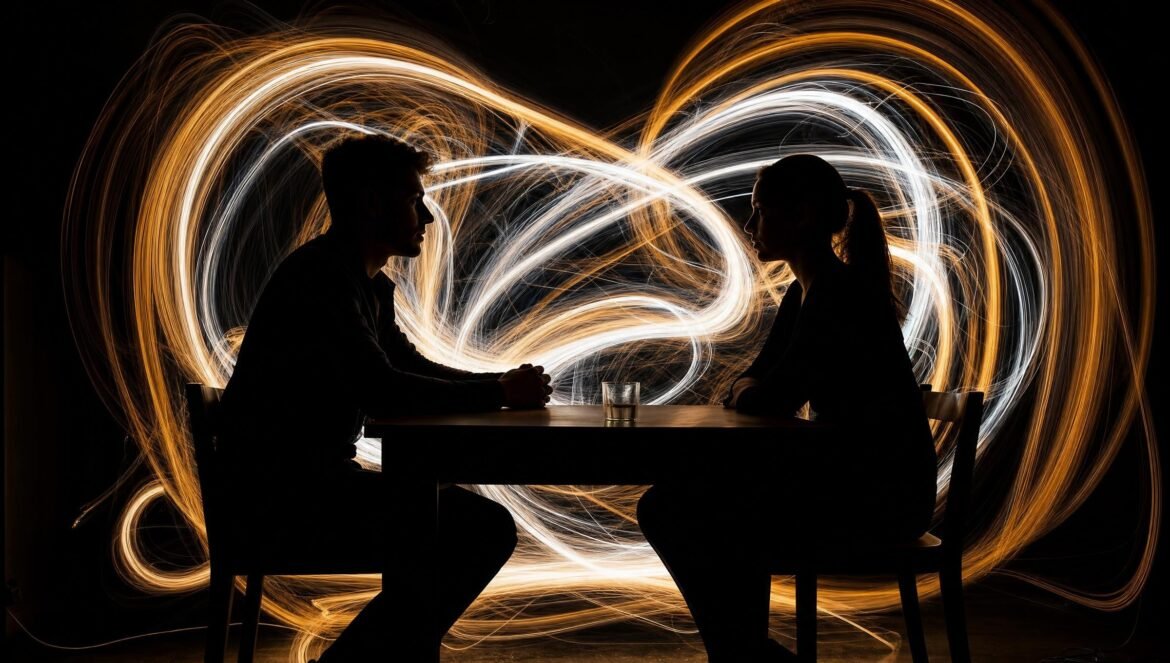 Two people in silhouette facing each other across a table outlined by swirling streaks of white and amber light painting in a dark room