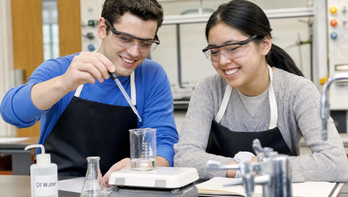 Two smiling young adult students wearing safety goggles at a lab bench one using a dropper over a beaker on a stirring plate bright classroom light